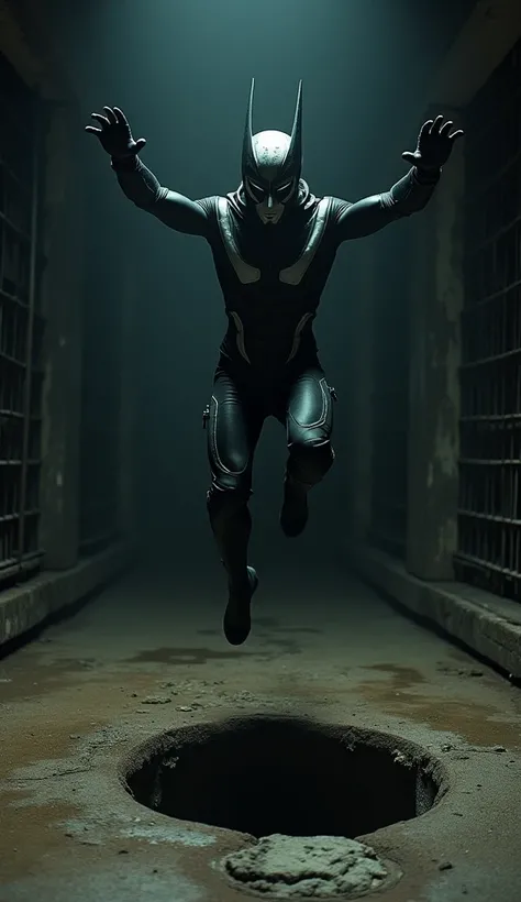  The picture shows a scene from a movie or TV show . , Phenom appears wearing a black and white suit and his face is covered with a .  mask while he is in the air with his arms extended to the sides and his legs are bent at the knees. Where there is a big ...