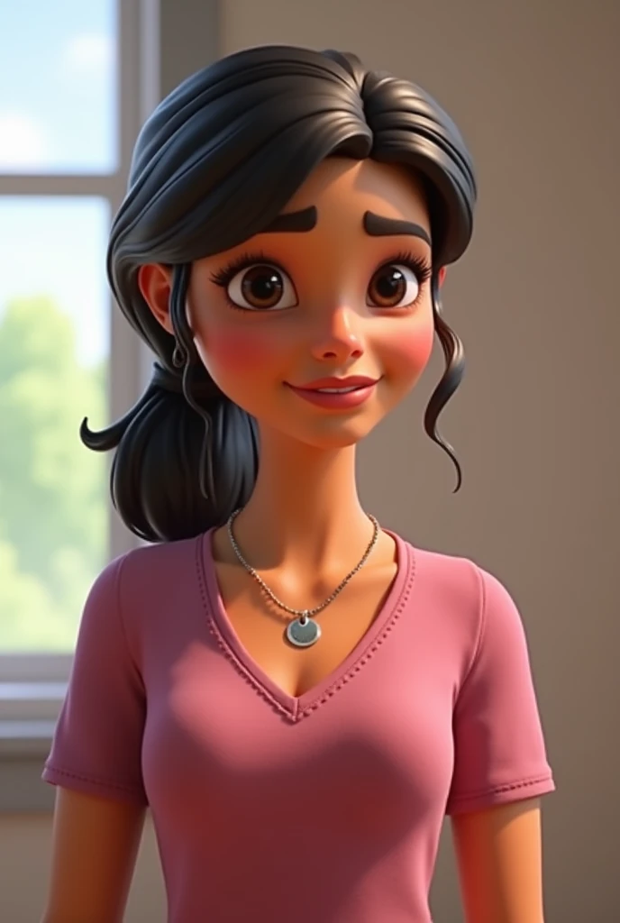  Make a teacher , pixar 3d style, light brown skinned,  with dark pink v-neck shirt,  half-tied dark brown hair ,  light makeup , small and delicate necklace , smiling