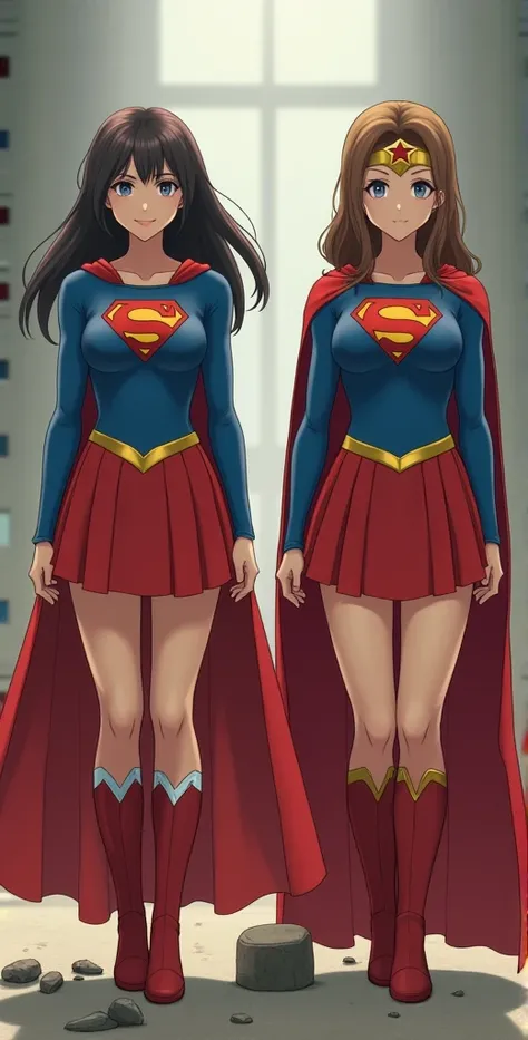  (live-action、   two cute Japanese superheroines   、   supergirl on the right    、    on the left :1.5)  、  smile、    muscular、      cute Japanese supergirl in her 20s  、 her foot has become a stone  、 (   unrealistic)、(   perfect supergirl costume   、    ...