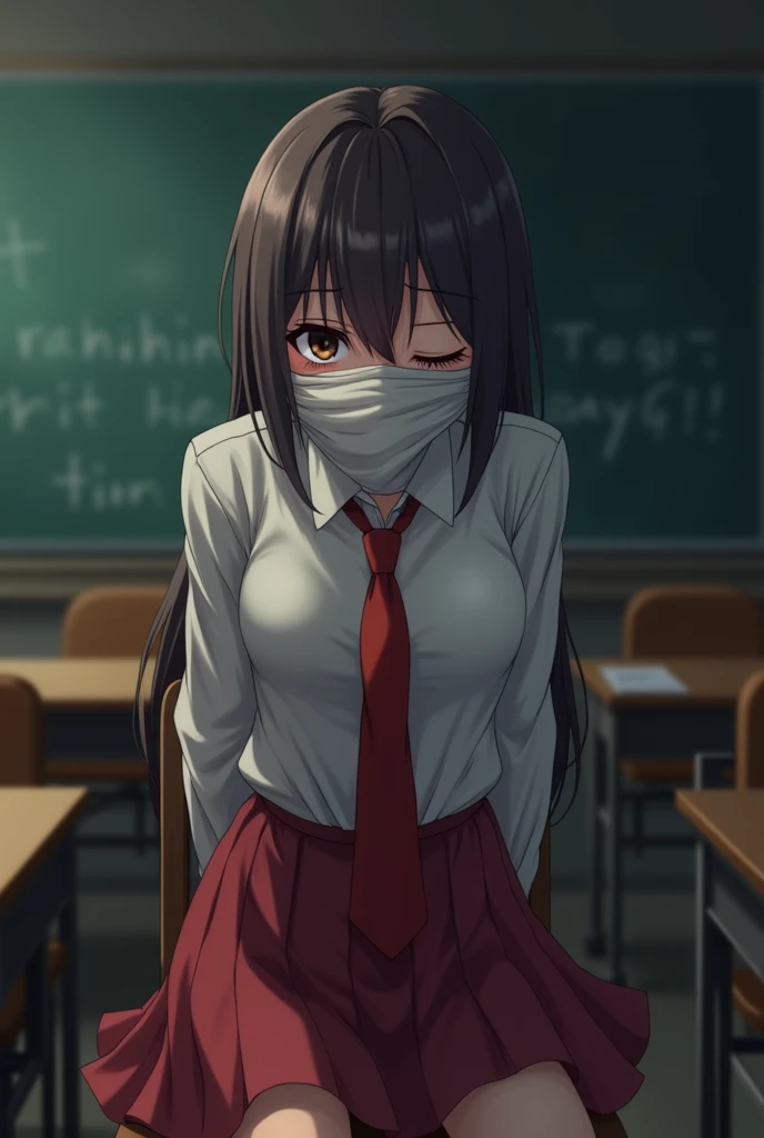   1 cute  anime girl wearing a long sleeve white shirt, red skirt , red tie,  tied to a chair in a very dark classroom ,  Tied with hands behind ,  Eyes and mouth closed using cloth . , blushing face,  her facial expression in pain , thrashing 