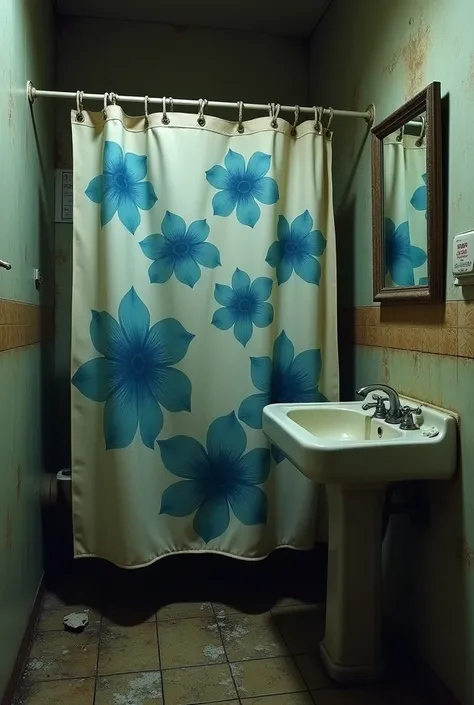  a bathroom that exuded a strong odor and had no door,  just a short curtain with large blue and faded flowers,  with a sink that was a bit broken on its side , And an old mirror 