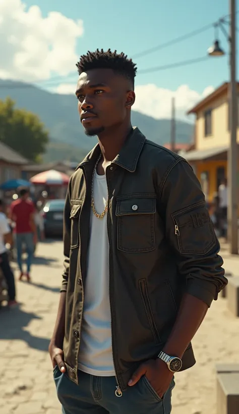 "} An ultra-realistic GTA-style scene showing a Confident looking black teen,  holding a cigarette in a relaxed way ,  while talking to other teenagers around them .  They are in a square in the heart of a favela ,  surrounded by tuned cars and stylized mo...