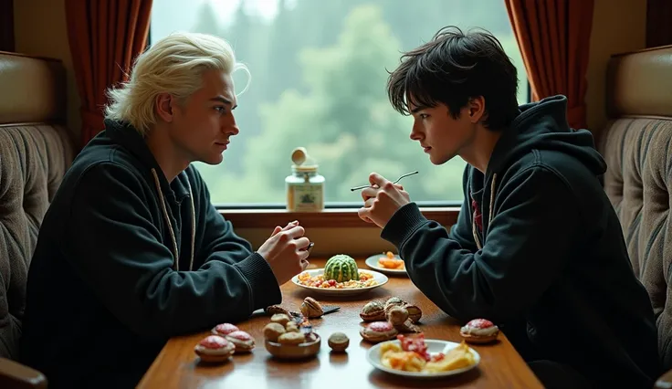 Draco Malfoy and Harry Potter sitting in cabin on Hogwarts express, sharing snacks 