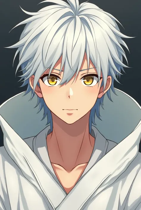 Man with short white hair and golden eyes wearing a white outfit anime version