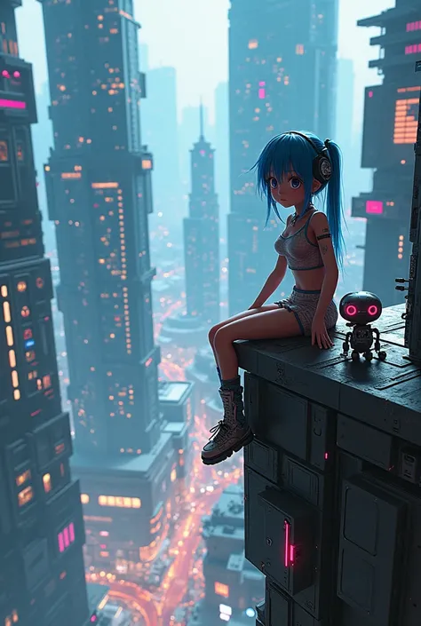 Anime, cyberpunk, girl, small, big city, fantasy, little robot friend, sitting on edge