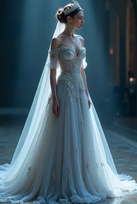 The Moon-inspired haute couture gown is an ethereal masterpiece of mystery and serene luminescence. The bodice is crafted from pearlescent silver silk with a soft, opalescent sheen that shifts from pale silver to cool blue under the light. Crescent-shaped ...