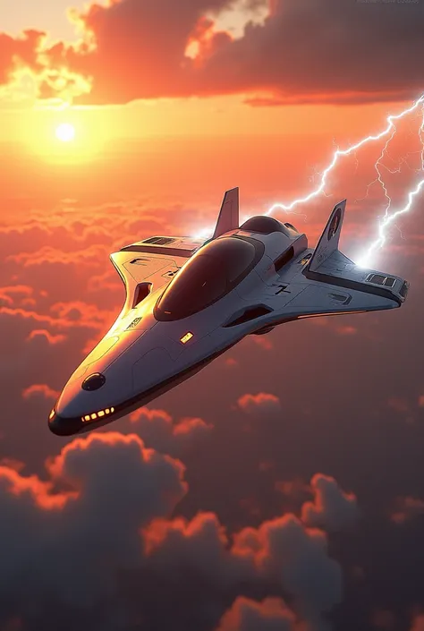 A futuristic airplane shooting beams of electricity and lighting, while flying on a Orange sky