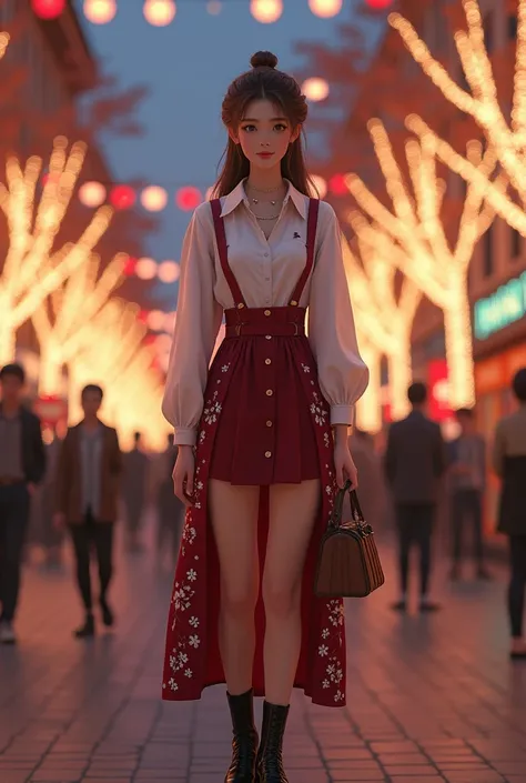 Beautiful 25-year-old Asian European woman with long straight brown hair tied back with a glass necklace, wearing a short dress shirt front ,  long back red maroon small white flowers , Black shod boots stand holding small bags on the sidelines of a big ci...