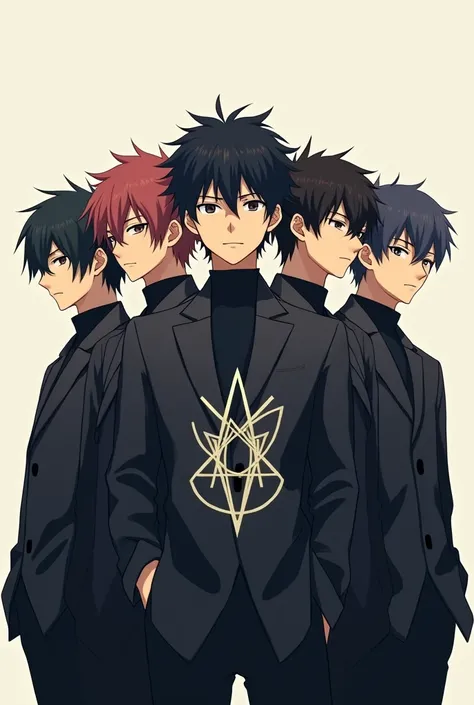 anime picture in square format ,  where five boys are serious and in the middle there is a logo in the beautiful “invc” font