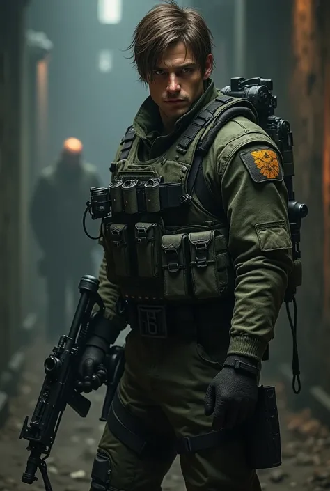 That the style of the picture is based on the game Resident Evil.  A 30-year-old man , brown hair and amber eyes ,  is wearing military clothing with heavy weapons 