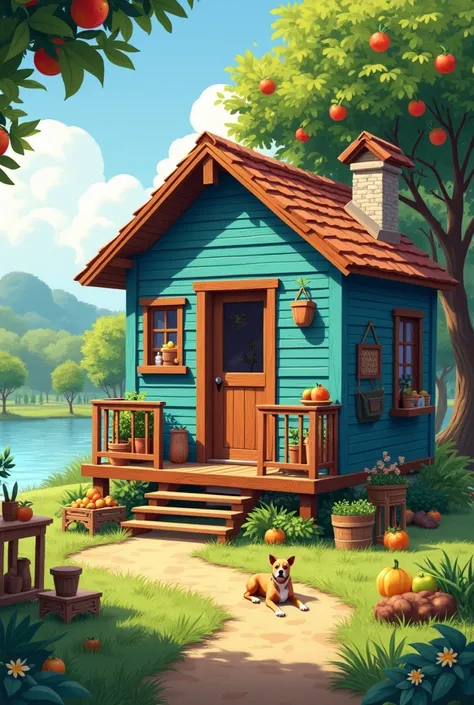  Small cozy wooden house painted blue ,near the river.  Lots of fruit trees with wooden stairs to enter the house.  In the yard wooden countertops and handicrafts at the entrance  . A dog in the yard 