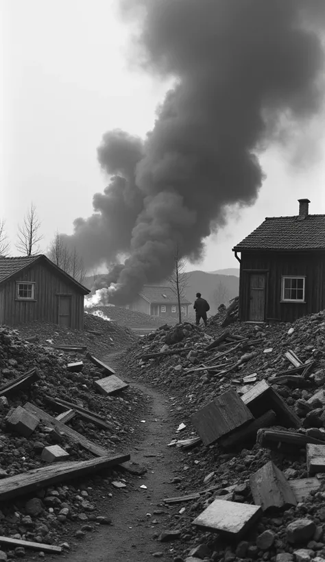 Image Prompt:
"A black-and-white historical photograph capturing the aftermath of the German invasion in Norway. The scene depicts a war-torn Norwegian village with several houses reduced to rubble. Smoke and flames rise from the remnants of wooden structu...