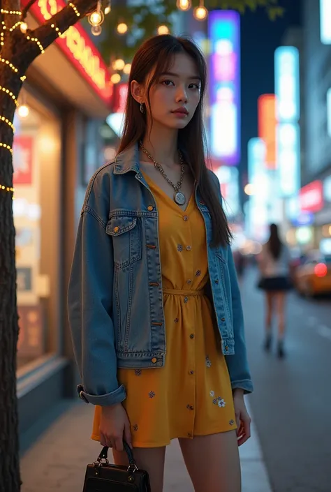 Beautiful 25-year-old Asian European woman with long straight brown hair tied back with a glass necklace, wearing a short dress shirt front ,  long back yellow color small white flowers , Jacketed denim  , shod black boots standing holding a small bag on t...