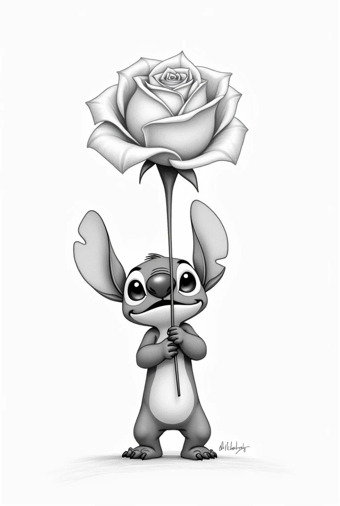 A hand-drawn pencil sketch of Stitch, the mischievous and cute alien character, standing upright and holding a bouquet with a single giant rose. The rose is so large it dwarfs Stitch, requiring both of his small hands to hold it. Stitch has an endearing an...