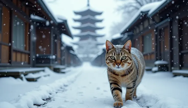 (( top quality )), ((masterpiece)), ( Details), In a serene winter scene of Kyoto, heavy snow falls gently, blanketing the narrow alleyways lined with traditional wooden houses. A graceful cat with soft fur is the centerpiece, confidently walking through t...