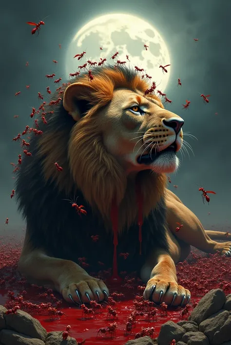 A powerful red ants army is kill and stands atop of the bloodeid lifeless lion in a deep background with full of covered with moon .