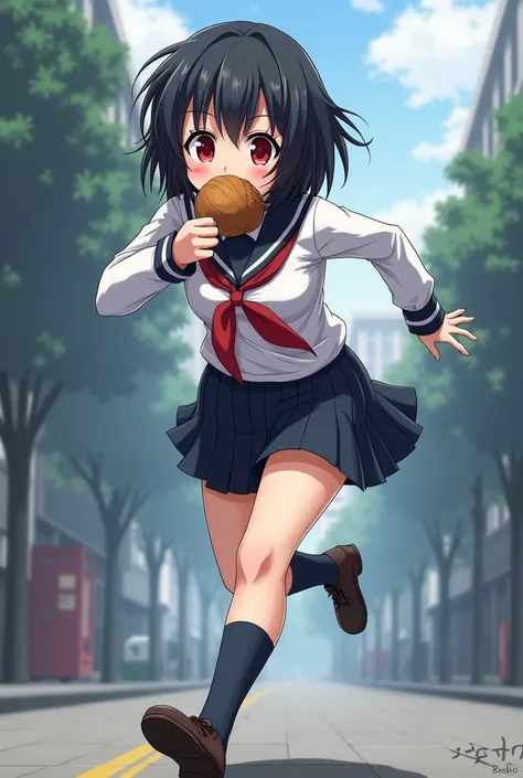 A red-eyed girl with black hair and short hair in a school outfit with knee-high socks and a bun in her mouth running to school