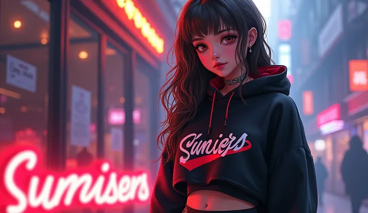 A mesmerizing and conceptual illustration featuring a young, white girl with long wavy brown hair and striking brown eyes. She exudes serene self-confidence with a gentle smile. Her captivating outfit includes a cropped hoodie with the bold graffiti-style ...