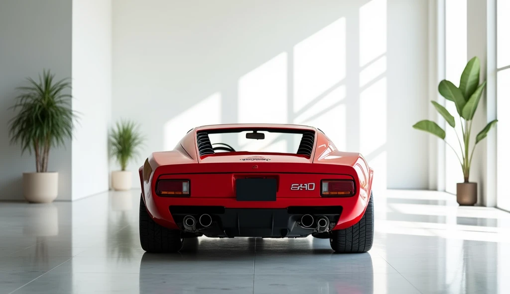 A captivating image of a ( 1970 Lamborghini Miura P400 S ) background full white taking center stage in a luxurious bright house. The futuristic, captivating (red)exterior gleams, showcasing its sleek, aerodynamic design and bold accents. The back view hig...