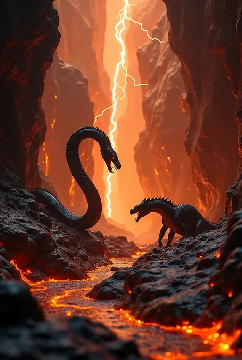 "A cinematic shot of a giant snake and a dragon in an intense standoff within a dark lava-filled cavern. The walls glisten with molten flows, and the air is thick with glowing embers. The snake is coiled, its fangs bared, while the dragon crouches, ready t...