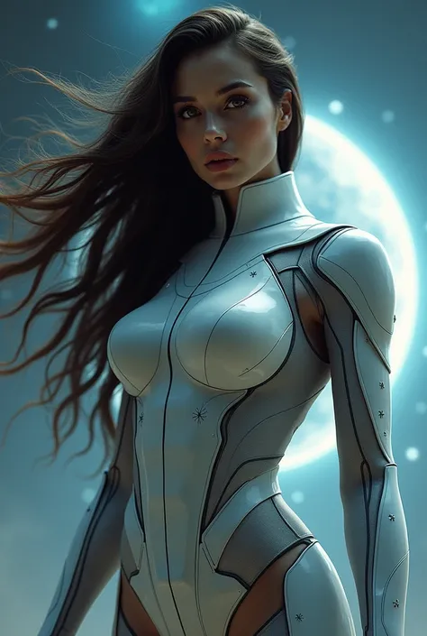 beautiful woman with big breasts and flowing hair in a space suit