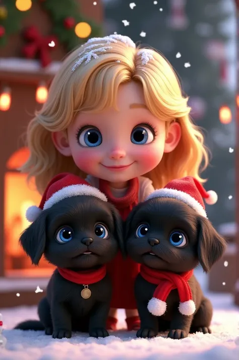 Cute blonde girl from Disney Christmas and two adorable black shih tzu puppies with bright blue eyes wearing christmas accesories 3D Pixar style