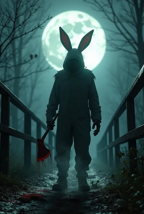 A shot of the Bunny Man on the bridge, holding his bloody axe. The full moon illuminates the scene with a sinister glow.