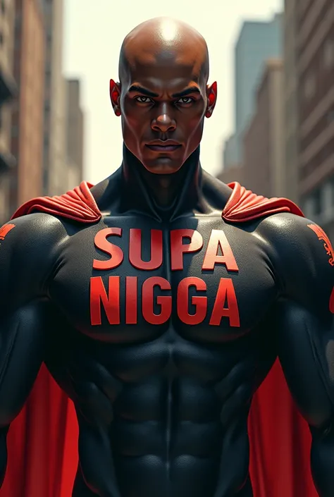 slim build bald black superhero with the words "SUPA NIGGA" on his chest