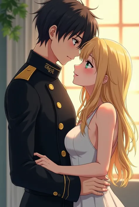 anime... is an adult man ... of scattered black hair  .with a roll . scattered verdagua eye ./ high..  attractive sexy boy ..  age 26 years .. black military clothing. With a girl with blonde hair /.green eye .age 22 years . with a great body  ..  full bod...