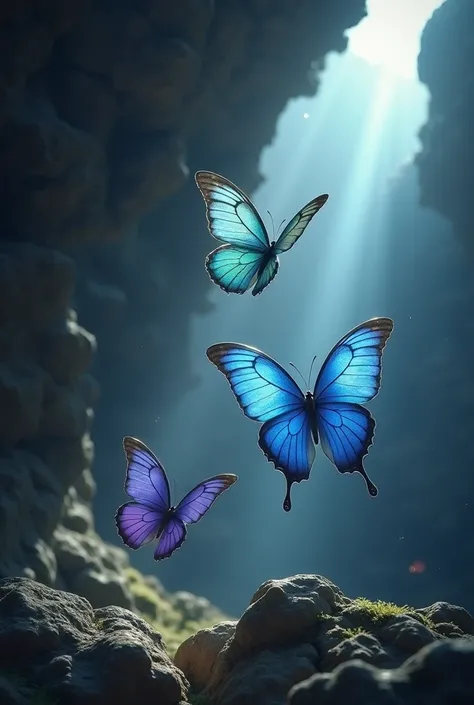 three butterflies ,  blue green and purple, against the backdrop of a cave 