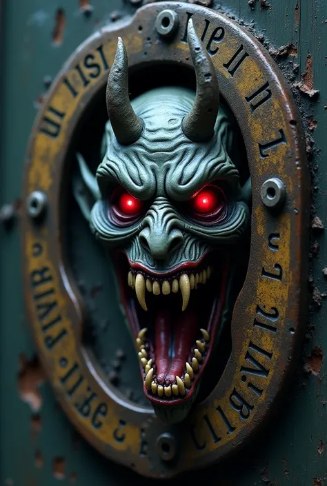 "A terrifying demon face embedded in a dark, ancient, rusty lock. The devil has glowing red eyes, sharp fangs, and menacing features. The lock is old and covered with eerie inscriptions, set in a gloomy, haunted atmosphere."