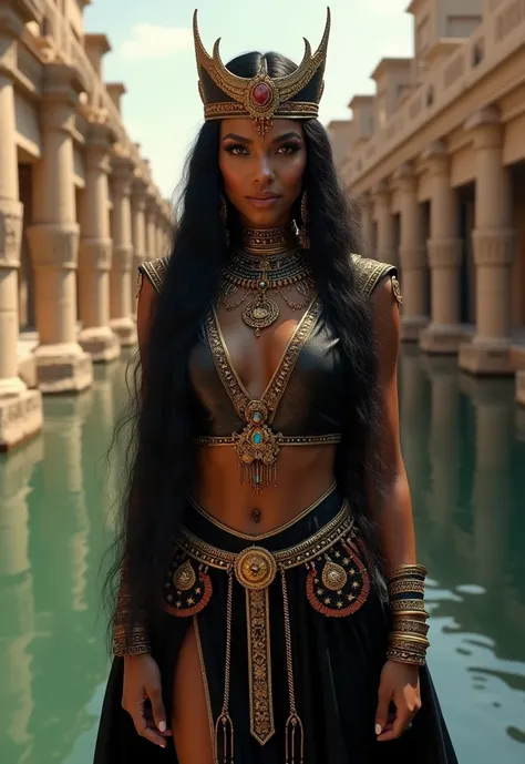 Aaliyah as Akasha, Queen of the Damned, wearing Ancient Egyptian clothing, standing next to the Nile River.