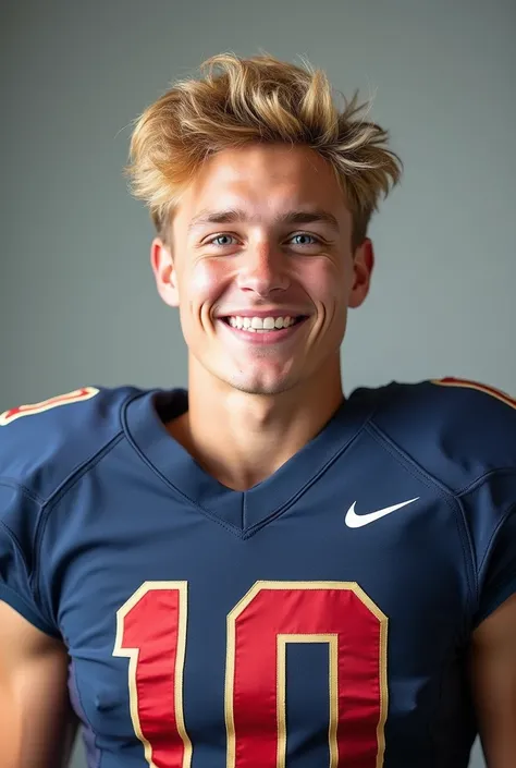 A young man with blond hair, blue eyes, wearing a football uniform, half-body shot, smiling.