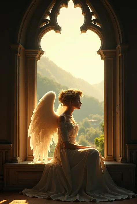 The angel is watching the view outside the window