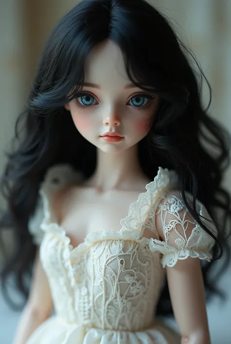 Make a doll with a lace dress and detailed details with wavy black hair and blue eyes looking real