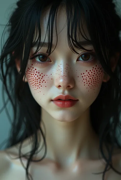 ((The japanese sexy Prostitute gals face has lotus root hole-like skin)),Tritophobia  skin、Her skin is full of clear lotus root holes、smile  face