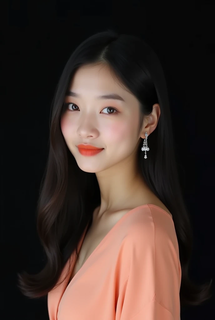 A beautiful Chinese female model with long, straight black hair. She is twenty years old with a Chinese face. She is wearing a simple peach wrap dress. She has cream eyeshadow and soft orange lipstick. She appears plain, natural, simple, and kind-hearted. ...