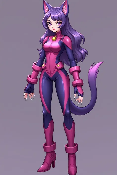 
The Miyu heroine costume ,  inspired by Kitty Cheshire from Ever After High ,  maintains a feminine and elegant aesthetic ,  with a practical touch for combat ,  in the style of Boku no Hero Academia.  The look consists of a jumpsuit in shades of purple a...