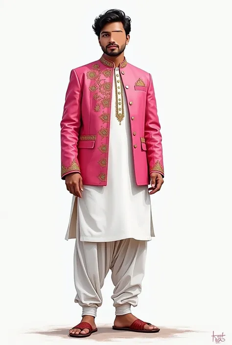 Digital Illustration hand drawn picture of a Pakistani groom wearing white Kurta white pajama and pink jacket. Having no eyes nose lips.