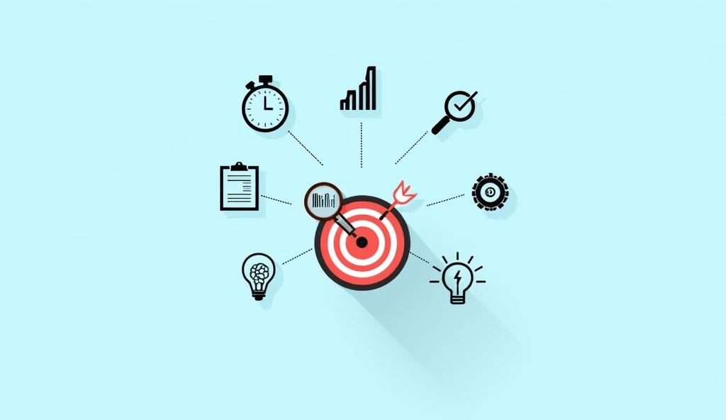 a conceptual illustration featuring a light blue background with a magnifying glass. The magnifying glass is positioned over a target icon with a red bullseye and arrow, symbolizing focus or precision. Surrounding the magnifying glass are various black ico...