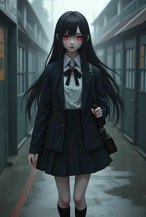 A girl with red eyes long black hair going to school school clothes socks Black and full black socks