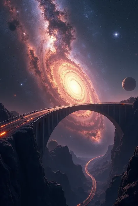 stunning view of a cosmic bridge connecting two distant galaxies, with streams of light filling the space between them.