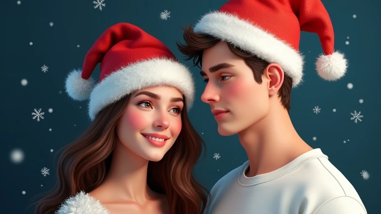 a female, european, young adult, slim body, wavy brunette hair, and a guy with brown short hair and a white shirt, both with Santa Claus hats, dark blue background.  and snowflakes