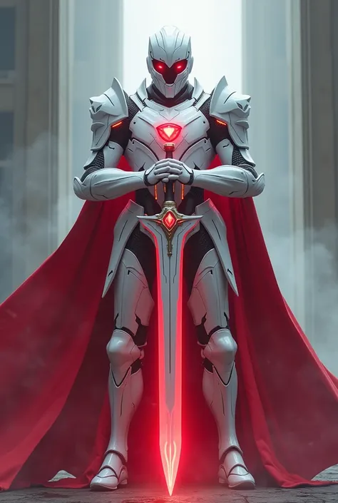 movie poster of a Commander knight wearing white warframe-inspired cyber armor with red light visor, glowing red gem on the breastplate, red tabard,  holding a large sword that looks majestic radiating red magical energy