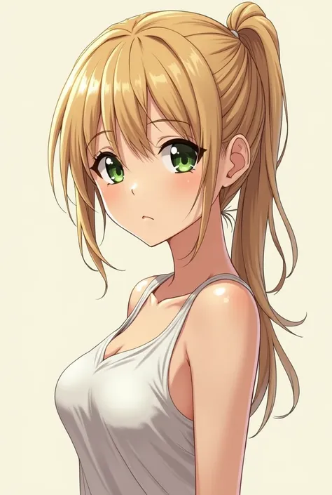 Her wifes name  ,  is Alyona , height 180 ,  Green eyes ,  blond hair with slightly grown brown hair, Breast size 4, weight 70kg, light skin in anime style