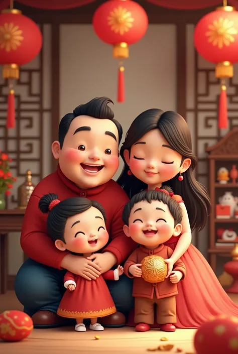 Family , father chubby no moustache , mother long hair chubby but tall , four years old pretty daughter and two years old handsome babyboy  . Theme chinese new year