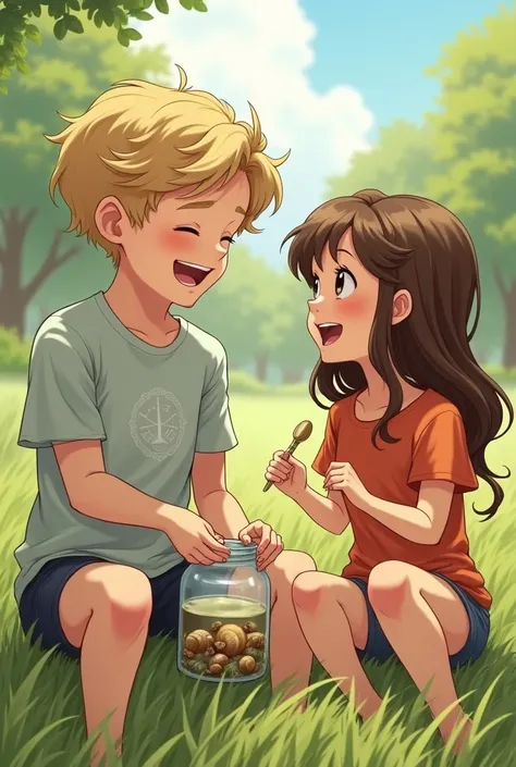  1 boy and 1 girl sitting . They are  . the boy is very white and has dark blond hair with his eyes closed and laughing .  He has a glass jar in his hand with water in it and snails .  The girl has brown hair and brown eyes who looks at him laughing with a...