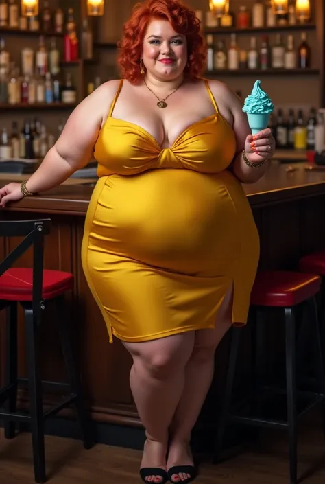  realistic image, the photographic quality of an extremely fat chubby redhead woman with short curly hair  ,  obese ,  she has a short yellow satin evening dress with one slit under which large limp breasts and a plump belly protrude, black high-heeled sho...