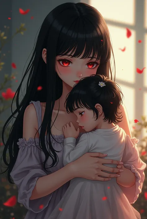 A girl with red eyes and long black hair with her baby anime