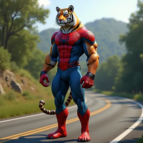 Create a realistic image. on a road. Make a tiger. The tiger comes complete with spidermans iconic dress and face